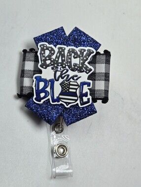 OOAK Handmade Back The Blue Badge Reel First Responder Police ID Lanyard Name
